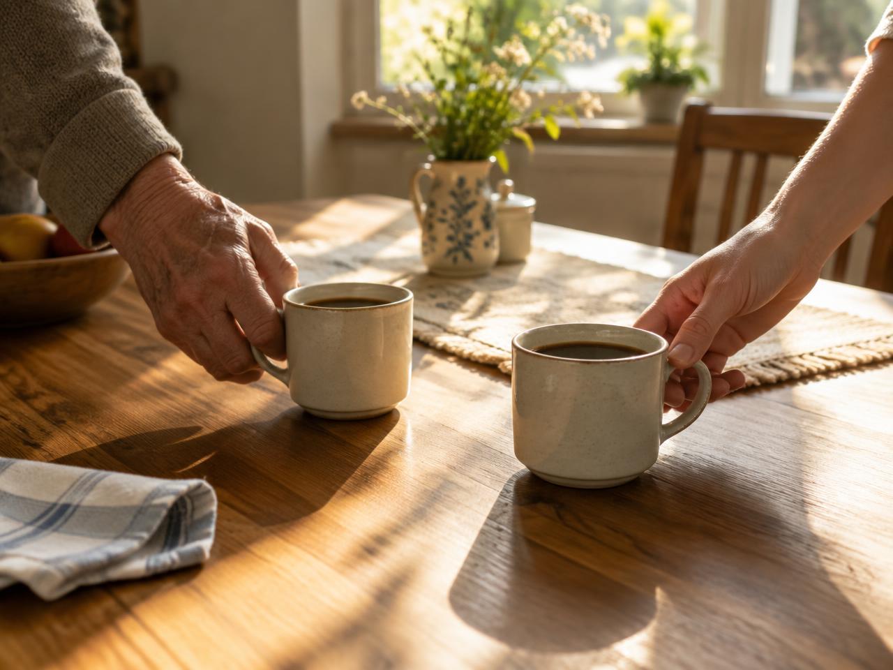 Zwei Kaffeetassen werden auf einen sonnigen Küchentisch gestellt